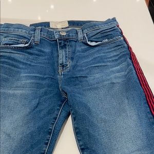 Current Elliott jeans with red/navy side stripe.